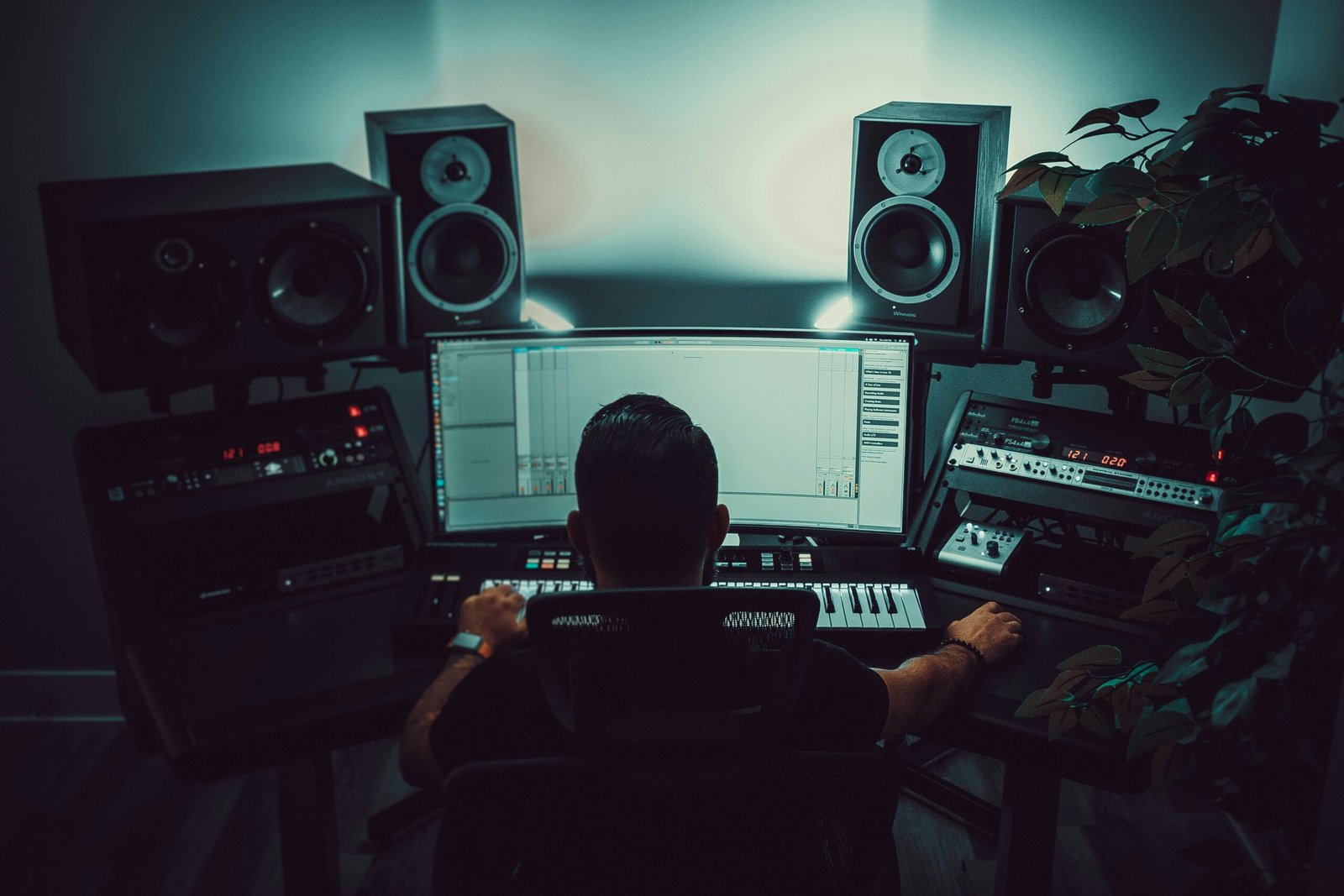 A home recording studio set up in a small room