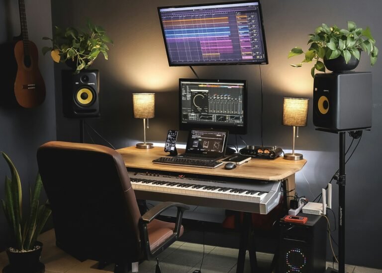 Setup Guides and Gear Reviews Home studio desk with a pair of studio monitor speakers either side of a screen, a MIDI keyboard and desk lamps